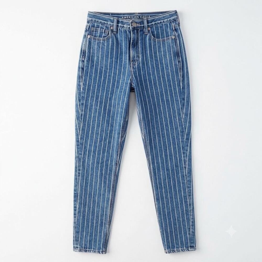 American Eagle Striped Mom Jeans Blue White 11" High Rise No Stretch Womens 0 0R